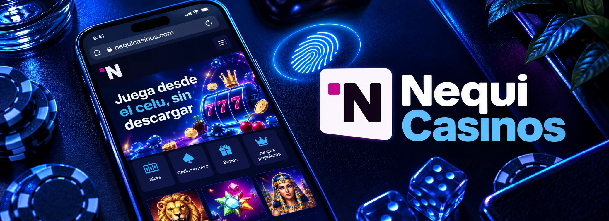 Celular sobre una mesa con Nequi Casinos abierto en el navegador y la aprobación por huella en azul